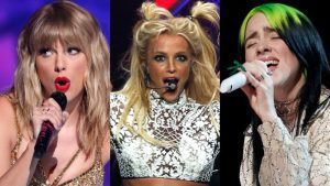 A composite image of Taylor Swift, Britney Spears and Billie Eilish.