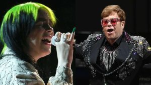 An image of Billie Eilish singing into a microphone next to an image of Elton John in pink sunglasses and a dedazzled jacket
